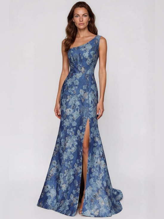 Rene Ruiz Dresses & Skirts - Rene Ruiz Collection Designer One-Shoulder Blue Floral Jacquard Gown Size 8